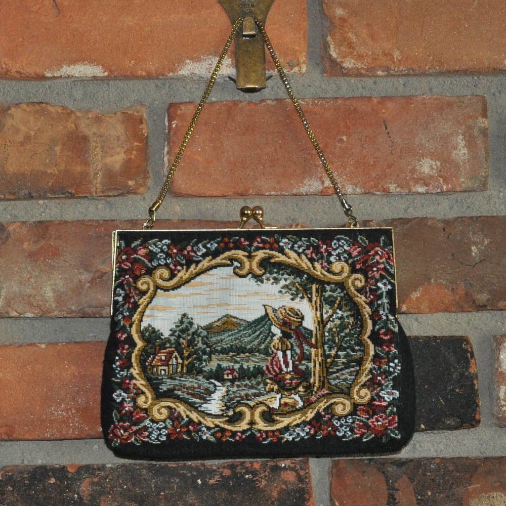 Vintage 70 Double Sided, Tapestry, Purse Handbag, Du-Val, Hong Kong, Chain Strap